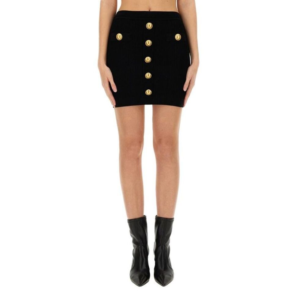 BALMAIN Button-Front Ribbed Knit Mini Skirt Women BLACK Skirts
